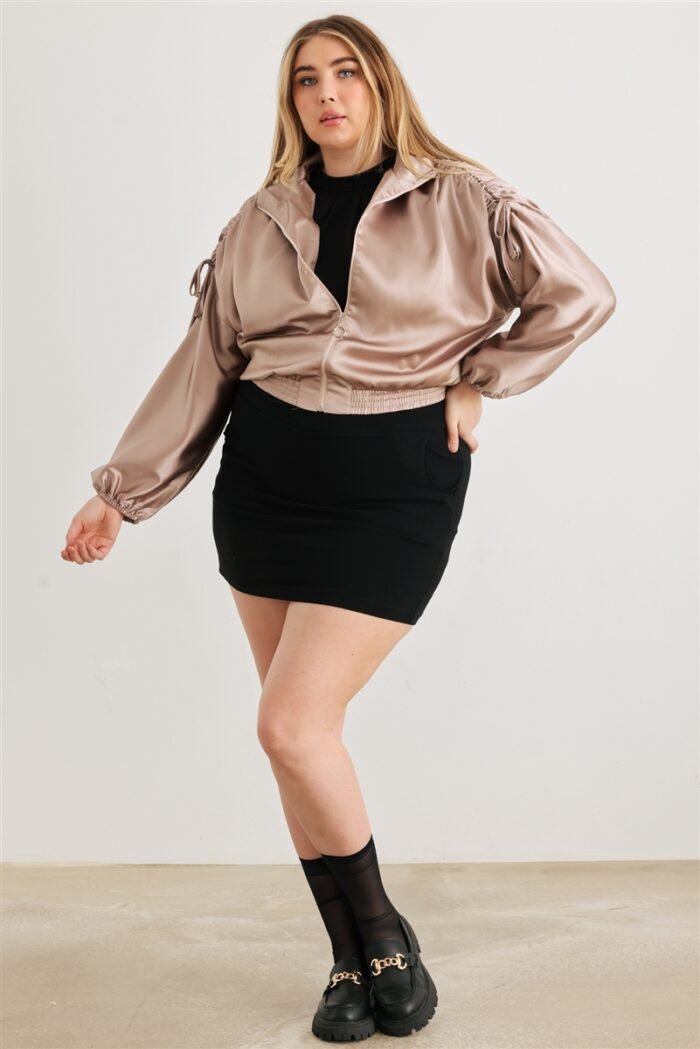 Plus satin zip-up ruched long sleeve cropped bomber jacket