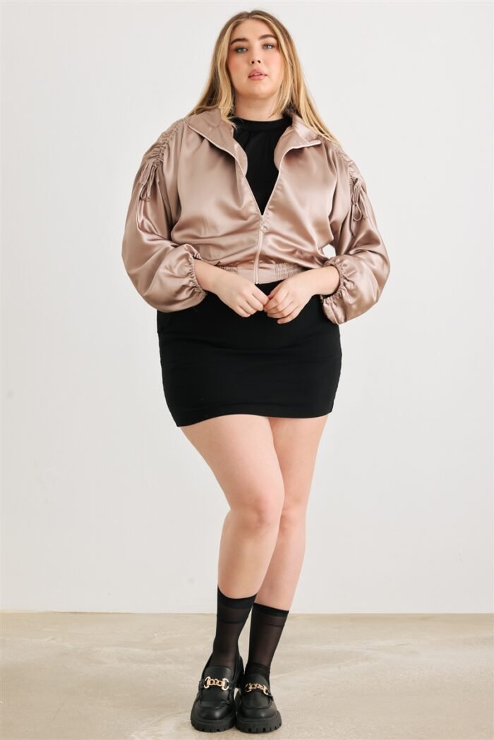 Plus satin zip-up ruched long sleeve cropped bomber jacket