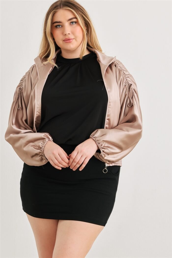 Plus satin zip-up ruched long sleeve cropped bomber jacket
