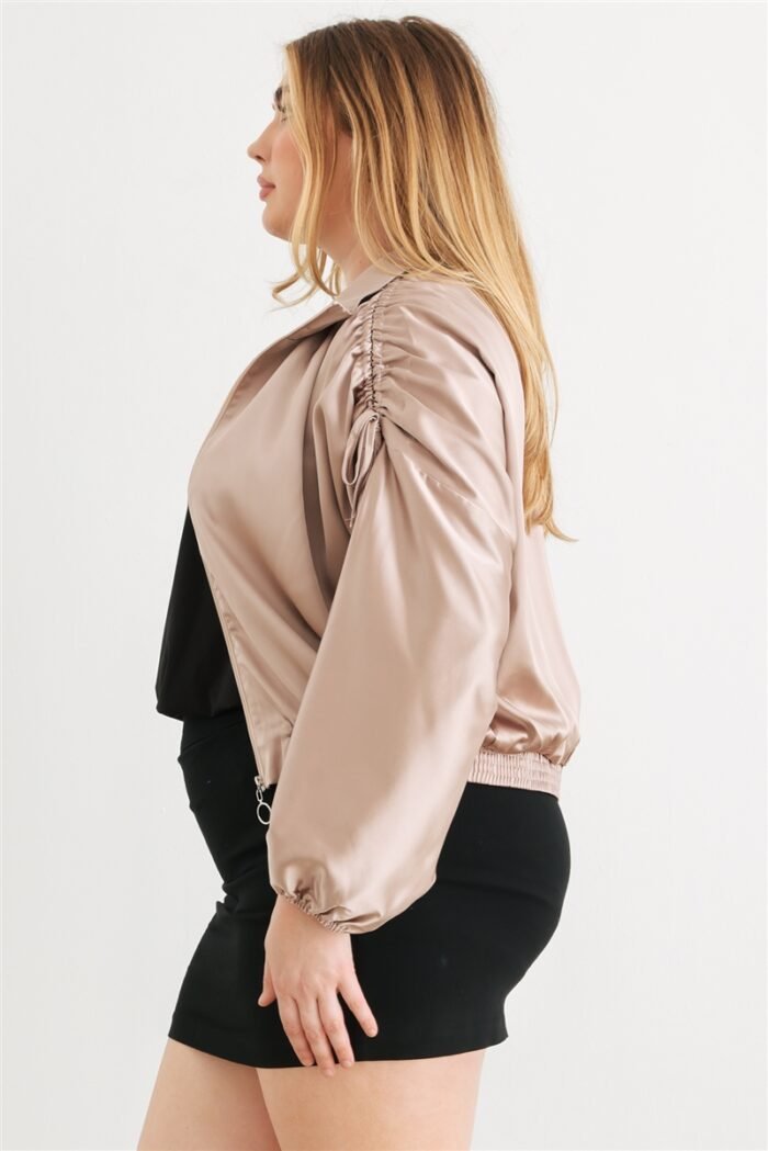 Plus satin zip-up ruched long sleeve cropped bomber jacket