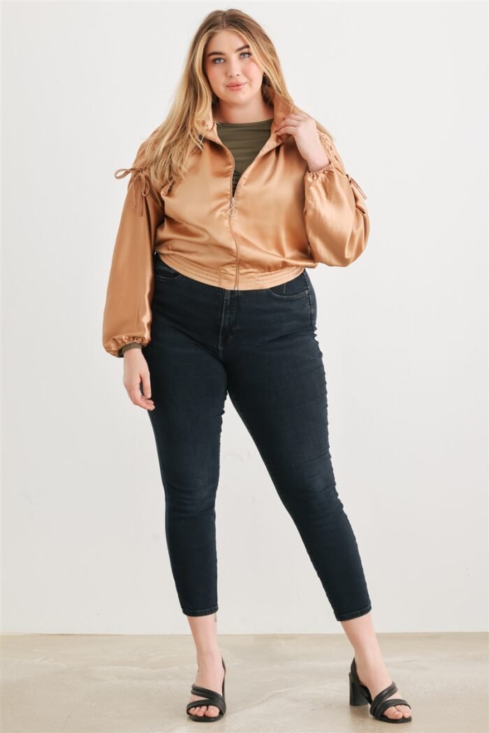 Plus satin zip-up ruched long sleeve cropped bomber jacket