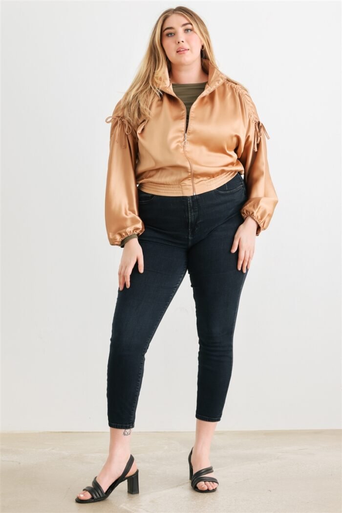 Plus satin zip-up ruched long sleeve cropped bomber jacket