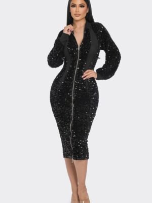 Midi 2 Way Zip Up Sequin Contrast Dress