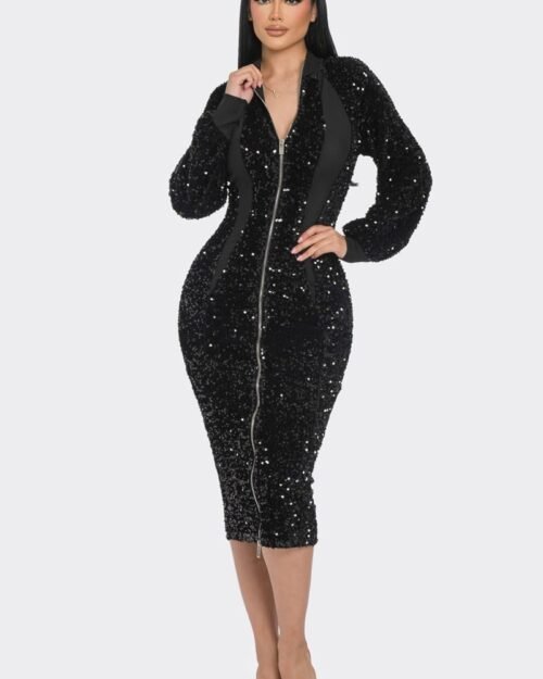 midi 2 way zip up sequin contrast dress