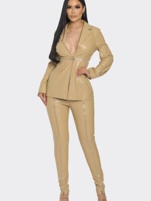 Pu Leather Zipper Pant Set