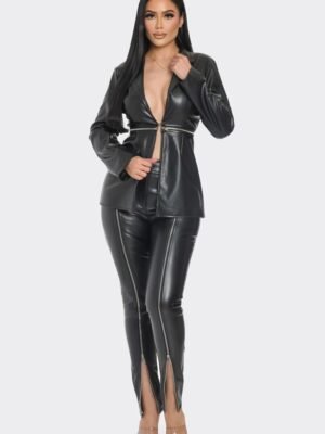 Pu Leather Zipper Pant Set