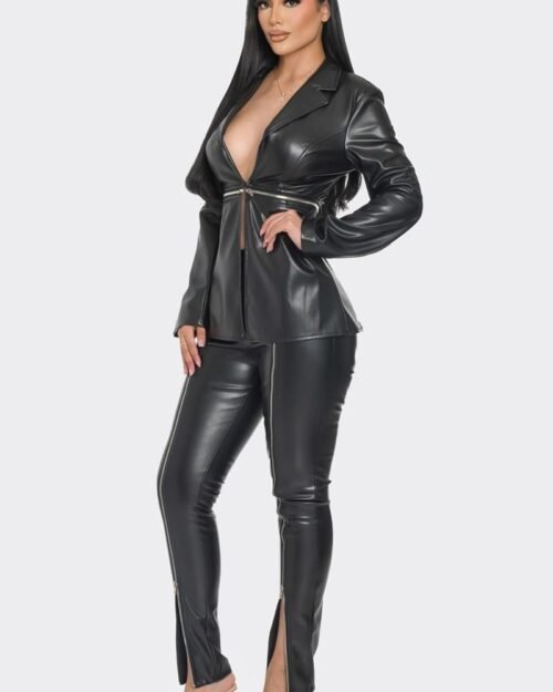 pu leather zipper pant set