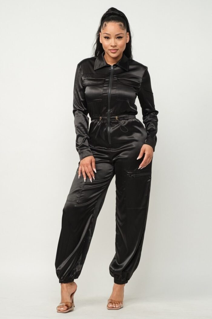 Front zipper pockets top and pants jumpsuit