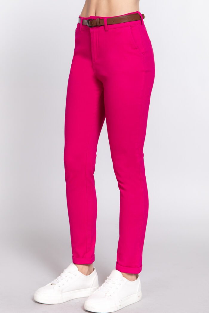 Cotton-span twill belted long pants