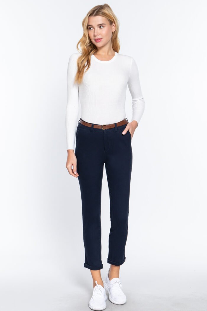 Cotton-span twill belted long pants