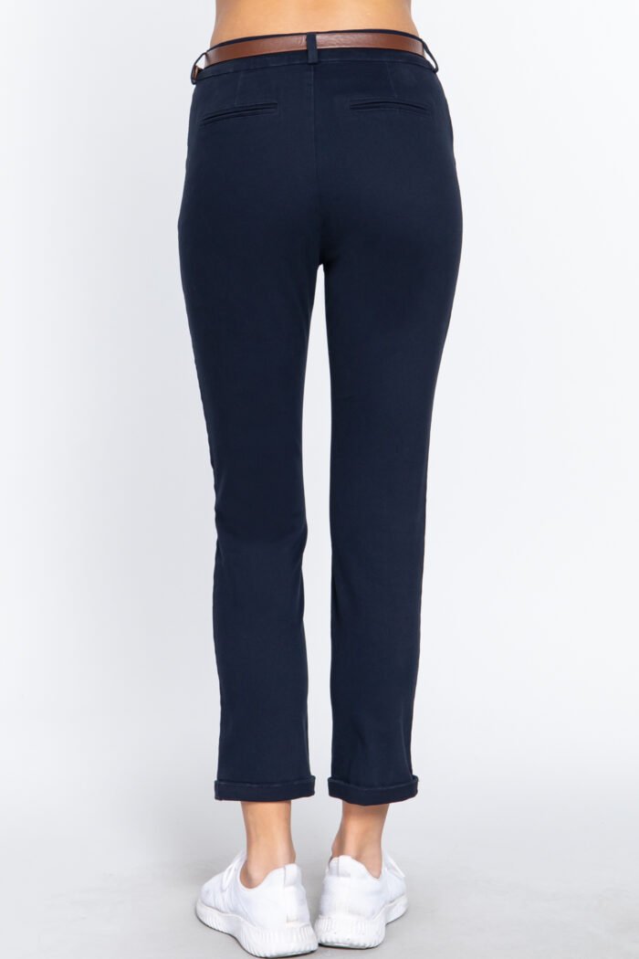 Cotton-span twill belted long pants