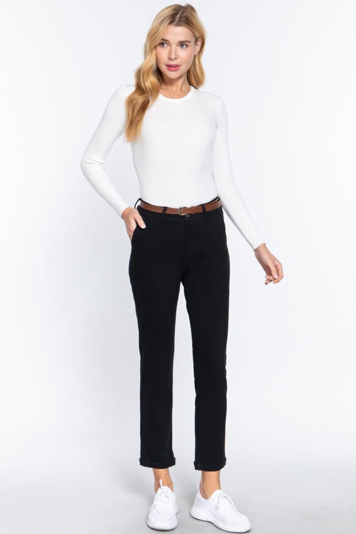 Cotton-span twill belted long pants