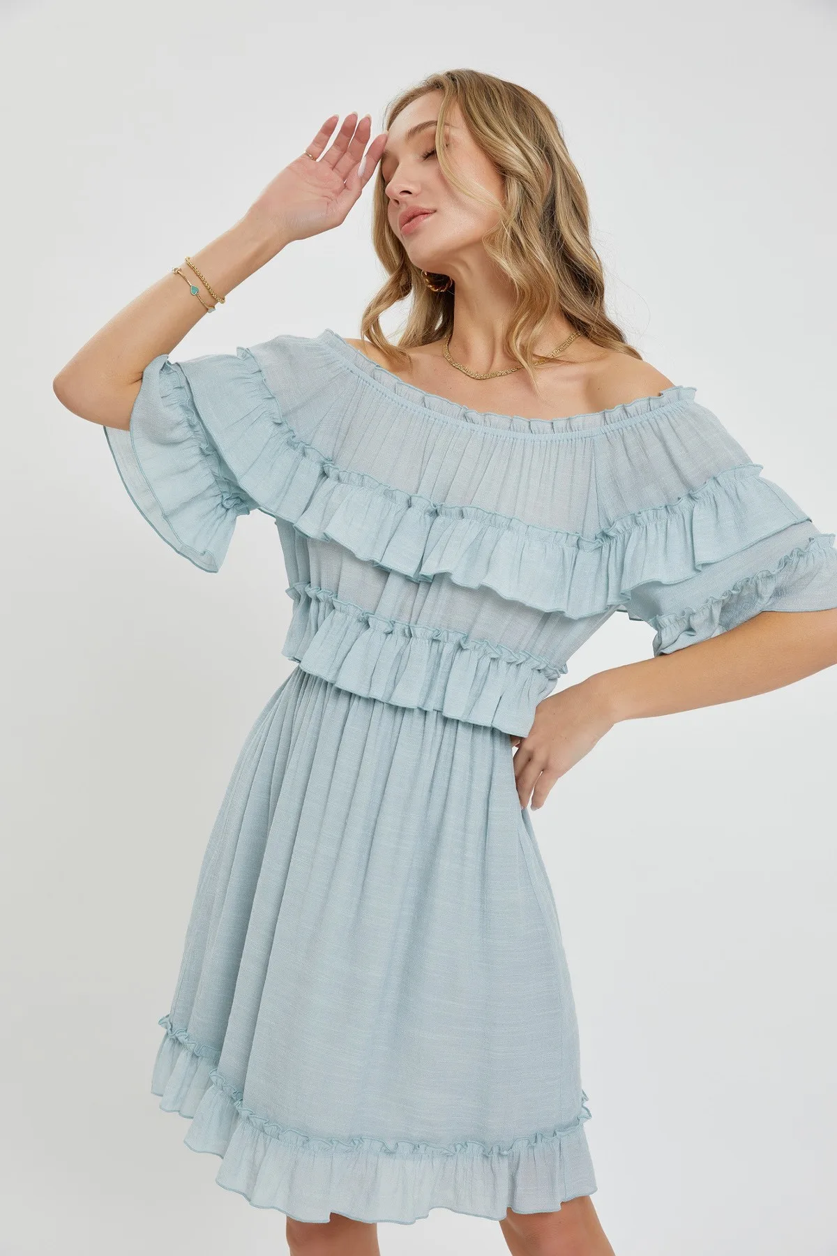 off shoulder ruffle dress