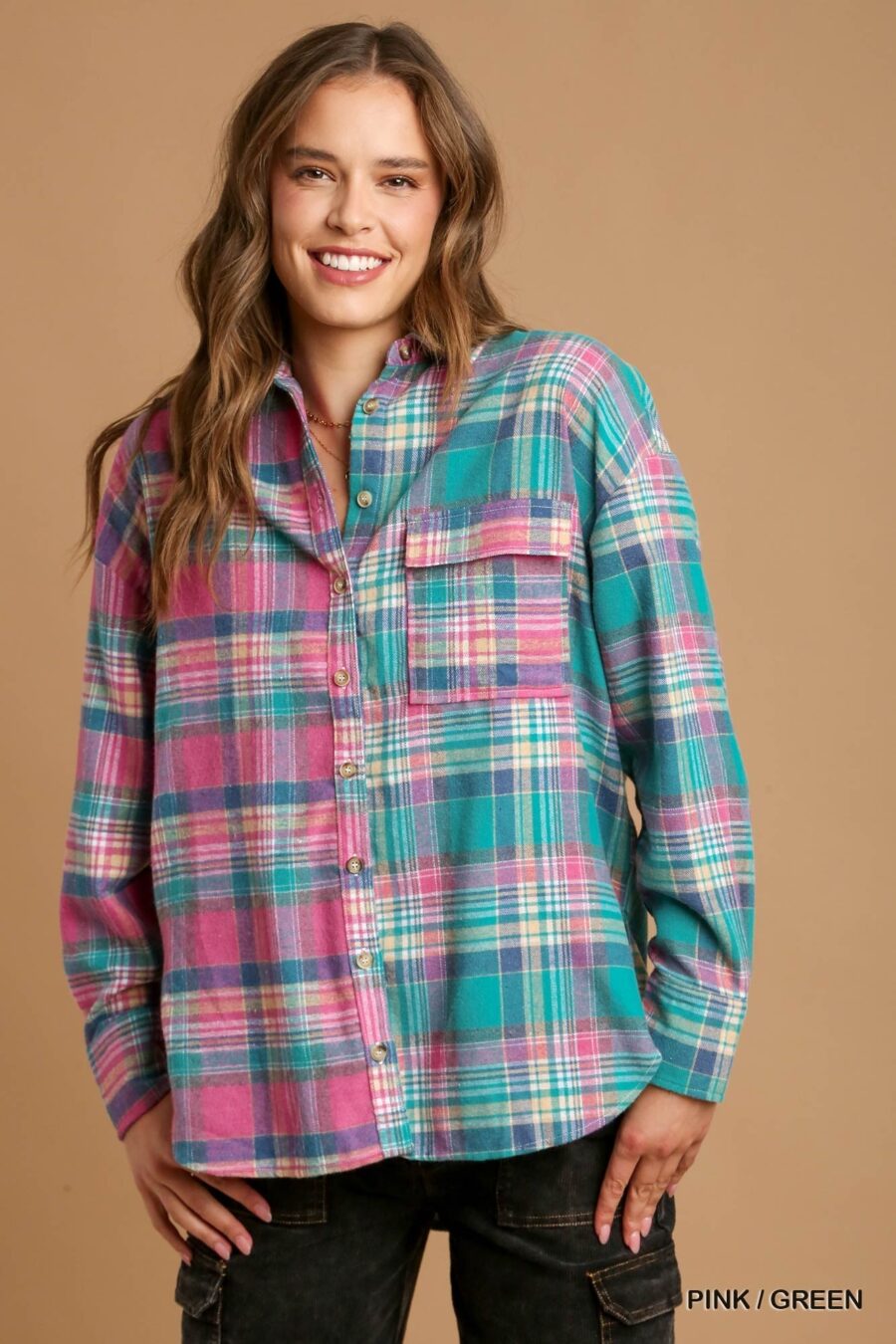 Mixed plaid boxy cut button down flannel with front pocket