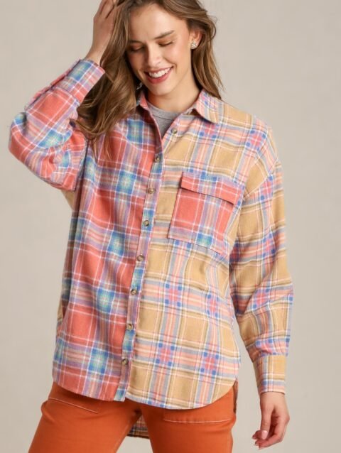 Mixed Plaid Boxy Cut Button Down Flannel With Front Pocket