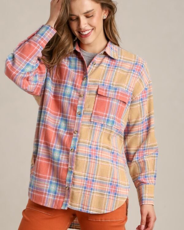 Mixed Plaid Boxy Cut Button Down Flannel With Front Pocket