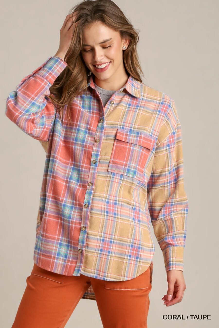 Mixed plaid boxy cut button down flannel with front pocket