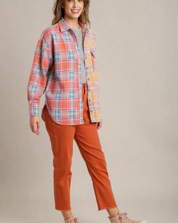 Mixed Plaid Boxy Cut Button Down Flannel With Front Pocket