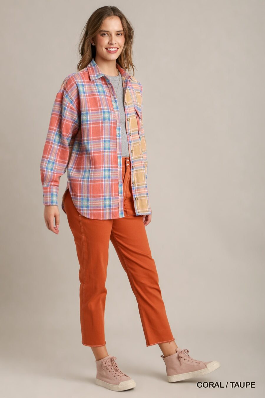 Mixed plaid boxy cut button down flannel with front pocket