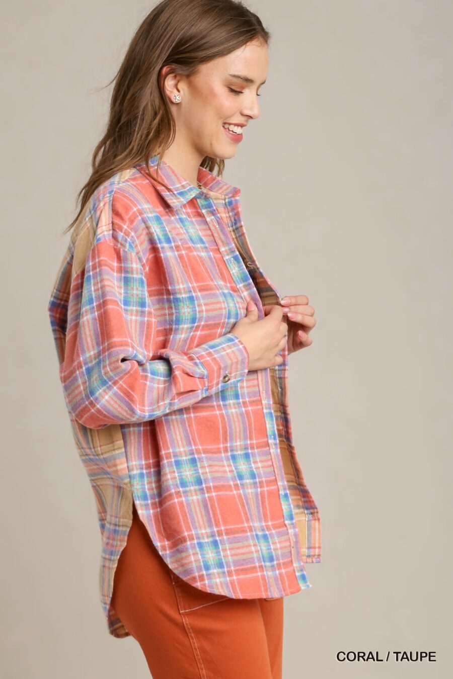 Mixed plaid boxy cut button down flannel with front pocket