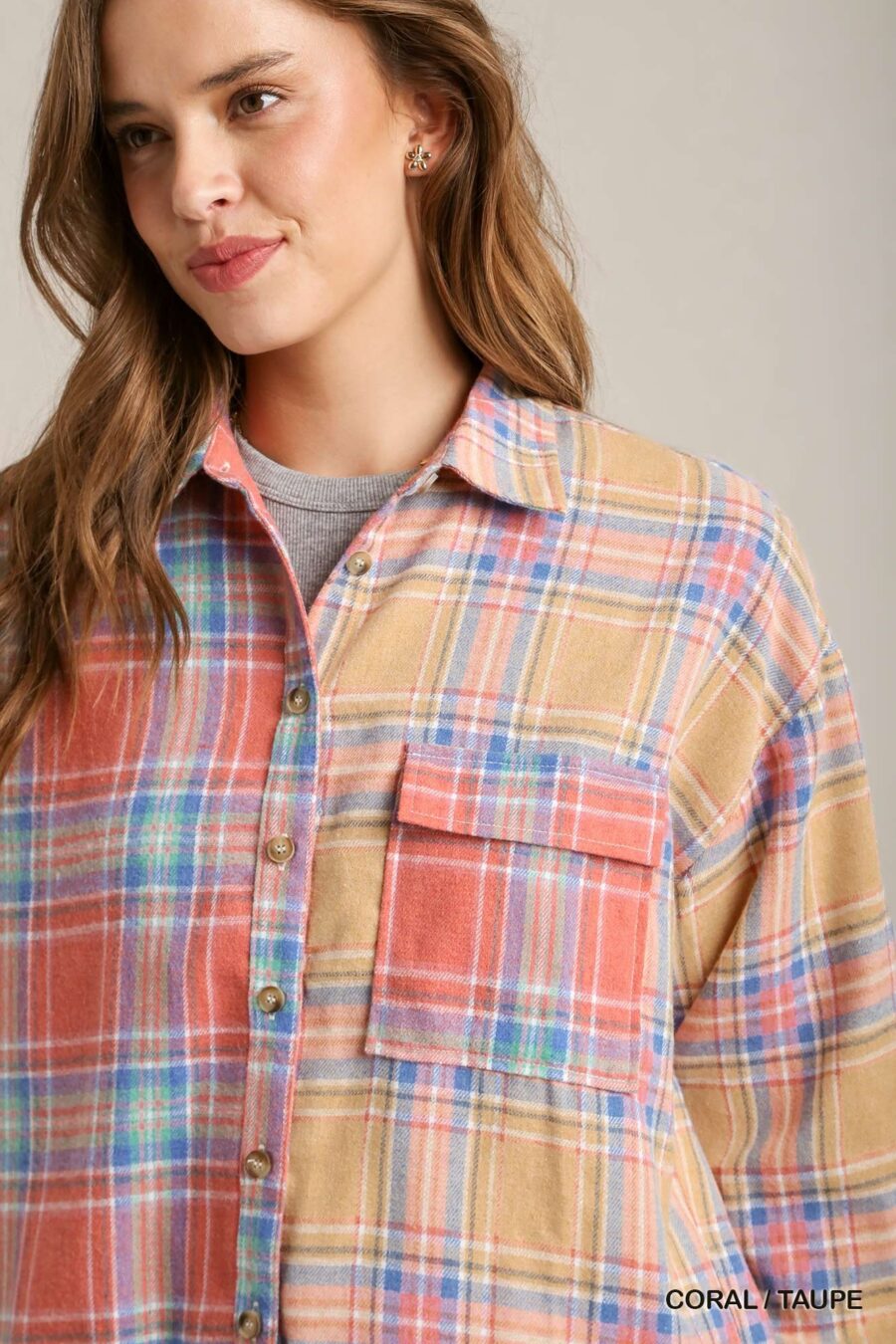 Mixed plaid boxy cut button down flannel with front pocket