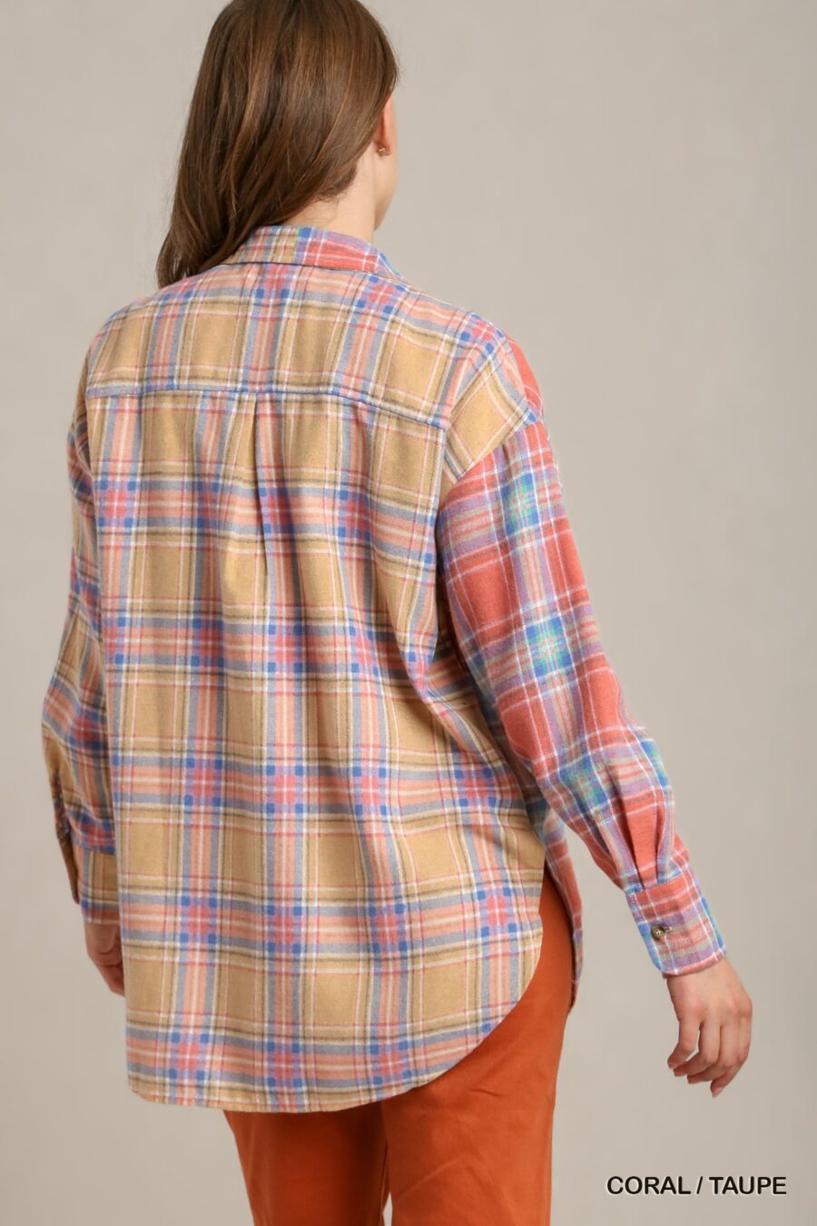 Mixed plaid boxy cut button down flannel with front pocket