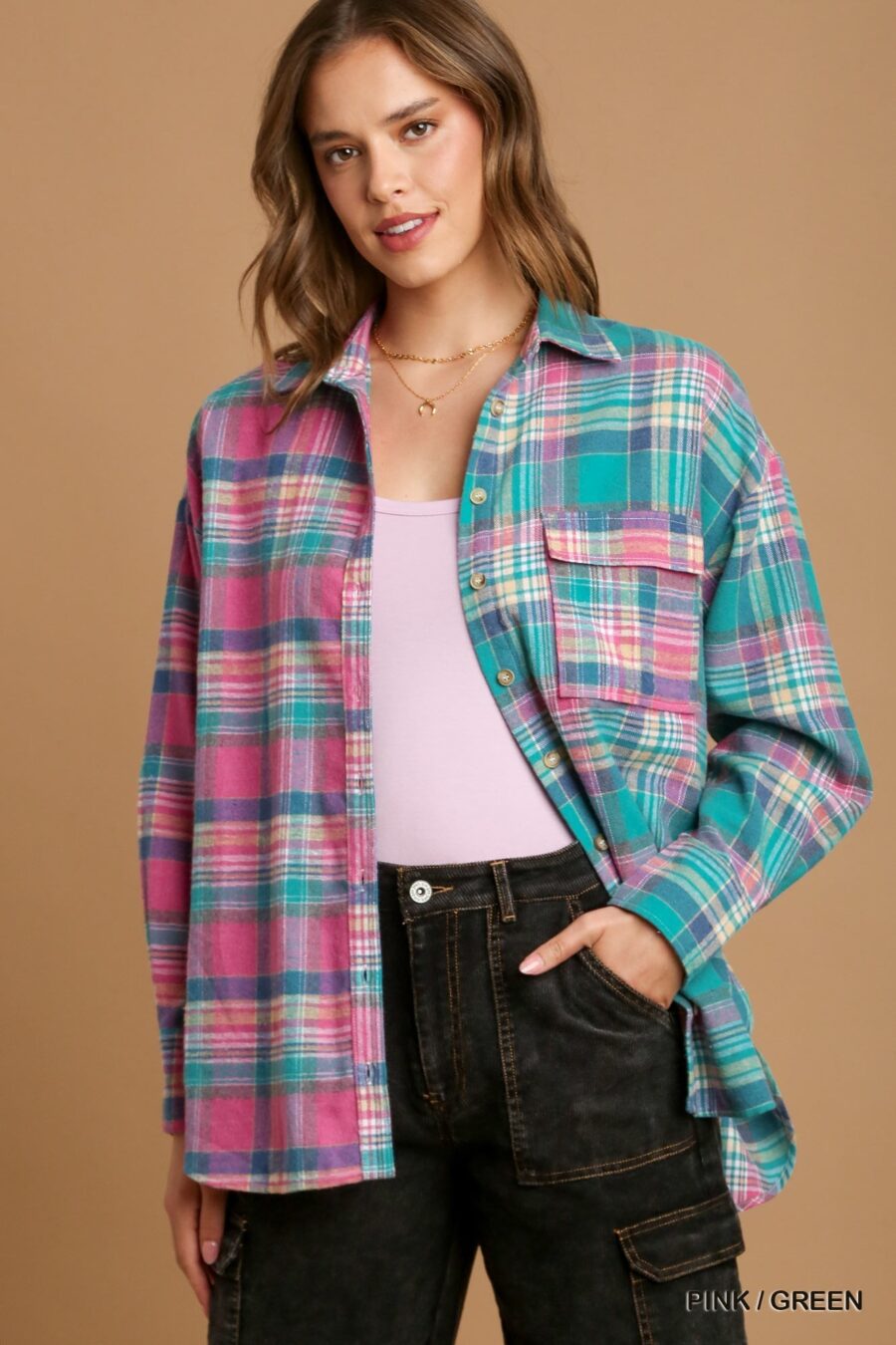 Mixed plaid boxy cut button down flannel with front pocket