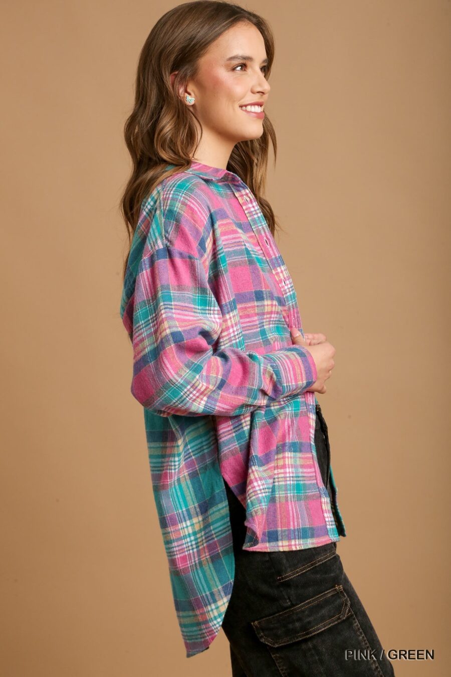 Mixed plaid boxy cut button down flannel with front pocket