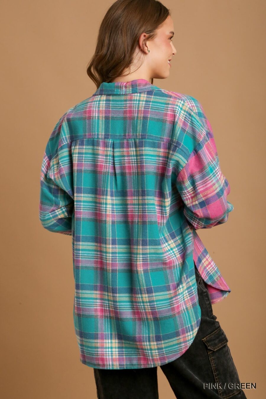 Mixed plaid boxy cut button down flannel with front pocket