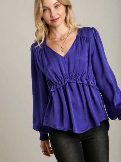 Satin V-neck Ruffle Baby Doll Top With Cuffed Long Sleeve Satin V-neck Ruffle Baby Doll Top With Cuffed Long Sleeve