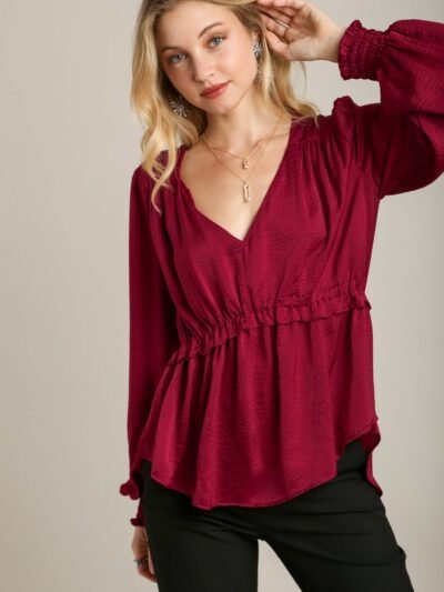 Satin V-neck Ruffle Baby Doll Top With Cuffed Long Sleeve Satin V-neck Ruffle Baby Doll Top With Cuffed Long Sleeve