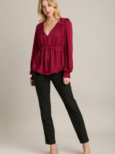 Satin V-neck Ruffle Baby Doll Top With Cuffed Long Sleeve Satin V-neck Ruffle Baby Doll Top With Cuffed Long Sleeve