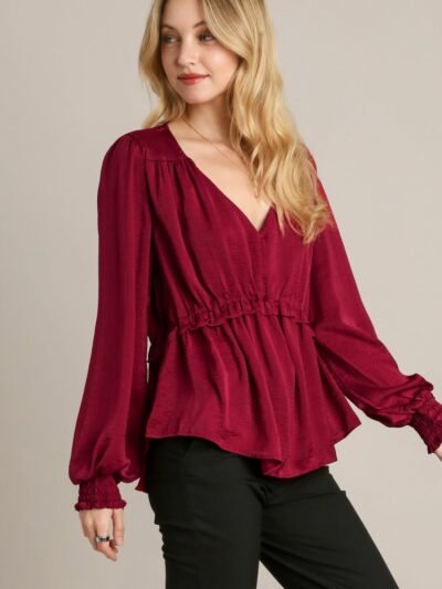 Satin V-neck Ruffle Baby Doll Top With Cuffed Long Sleeve Satin V-neck Ruffle Baby Doll Top With Cuffed Long Sleeve