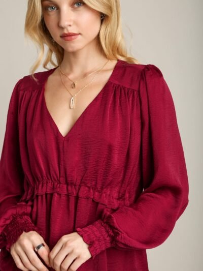 Satin V-neck Ruffle Baby Doll Top With Cuffed Long Sleeve Satin V-neck Ruffle Baby Doll Top With Cuffed Long Sleeve
