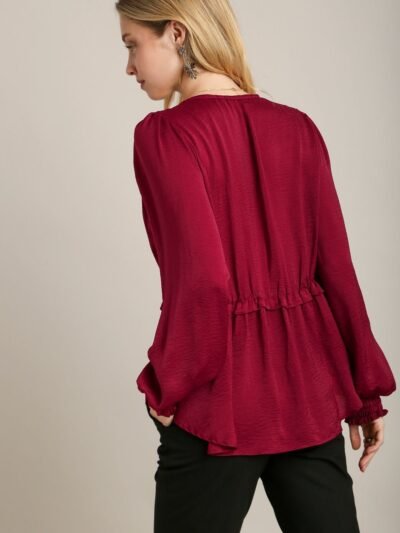 Satin V-neck Ruffle Baby Doll Top With Cuffed Long Sleeve Satin V-neck Ruffle Baby Doll Top With Cuffed Long Sleeve