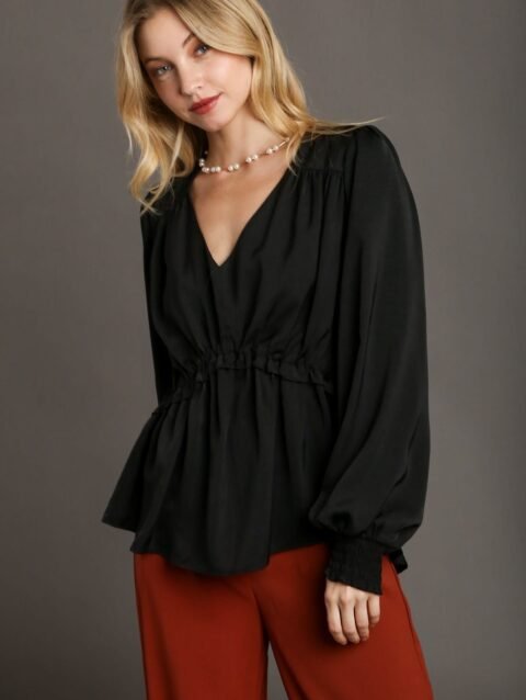 Satin V-neck Ruffle Baby Doll Top With Cuffed Long Sleeve