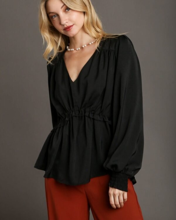 Satin V-neck Ruffle Baby Doll Top With Cuffed Long Sleeve