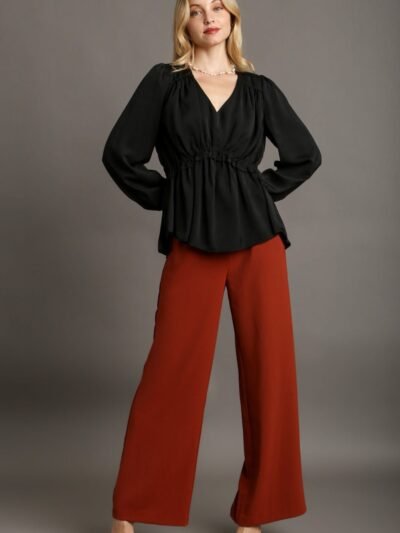 Satin V-neck Ruffle Baby Doll Top With Cuffed Long Sleeve Satin V-neck Ruffle Baby Doll Top With Cuffed Long Sleeve