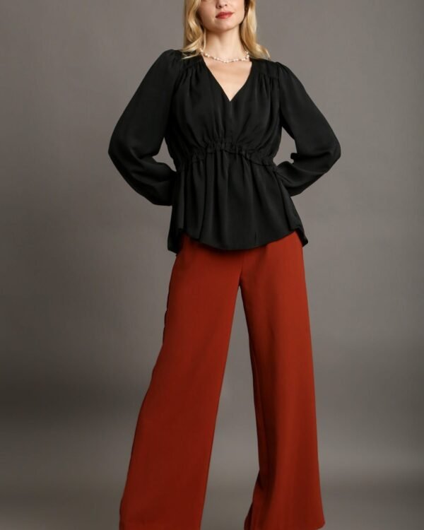 Satin V-neck Ruffle Baby Doll Top With Cuffed Long Sleeve