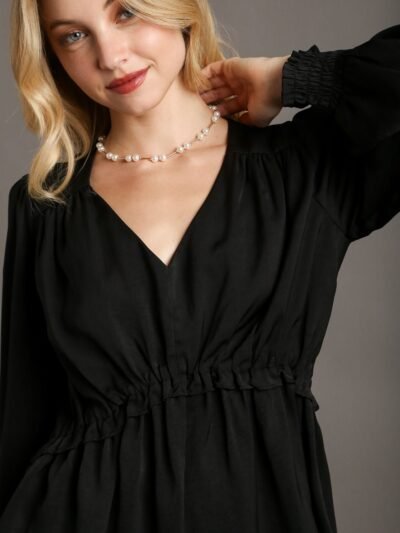 Satin V-neck Ruffle Baby Doll Top With Cuffed Long Sleeve Satin V-neck Ruffle Baby Doll Top With Cuffed Long Sleeve