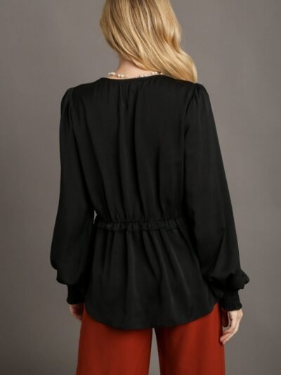 Satin V-neck Ruffle Baby Doll Top With Cuffed Long Sleeve Satin V-neck Ruffle Baby Doll Top With Cuffed Long Sleeve