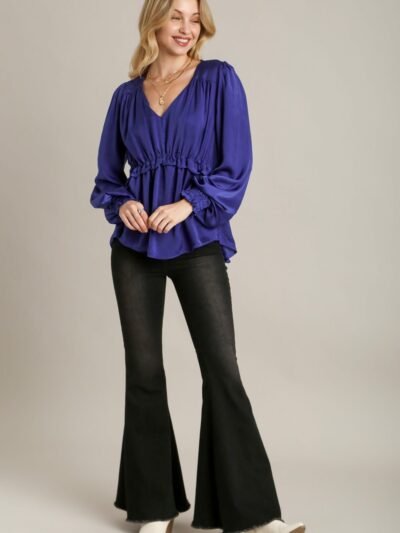 Satin V-neck Ruffle Baby Doll Top With Cuffed Long Sleeve Satin V-neck Ruffle Baby Doll Top With Cuffed Long Sleeve