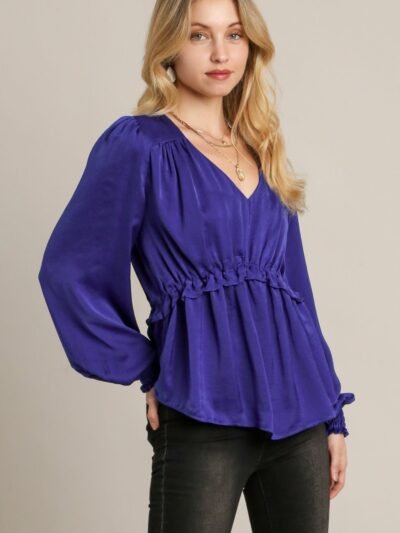 Satin V-neck Ruffle Baby Doll Top With Cuffed Long Sleeve Satin V-neck Ruffle Baby Doll Top With Cuffed Long Sleeve