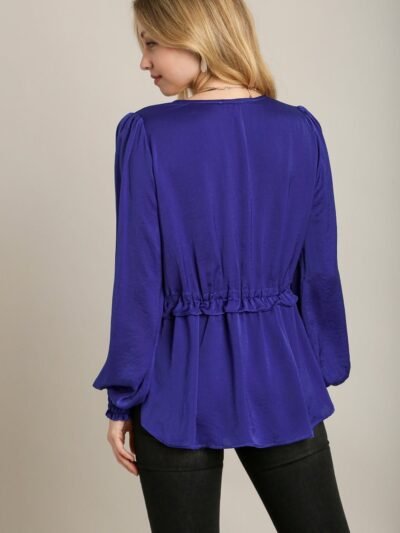 Satin V-neck Ruffle Baby Doll Top With Cuffed Long Sleeve Satin V-neck Ruffle Baby Doll Top With Cuffed Long Sleeve