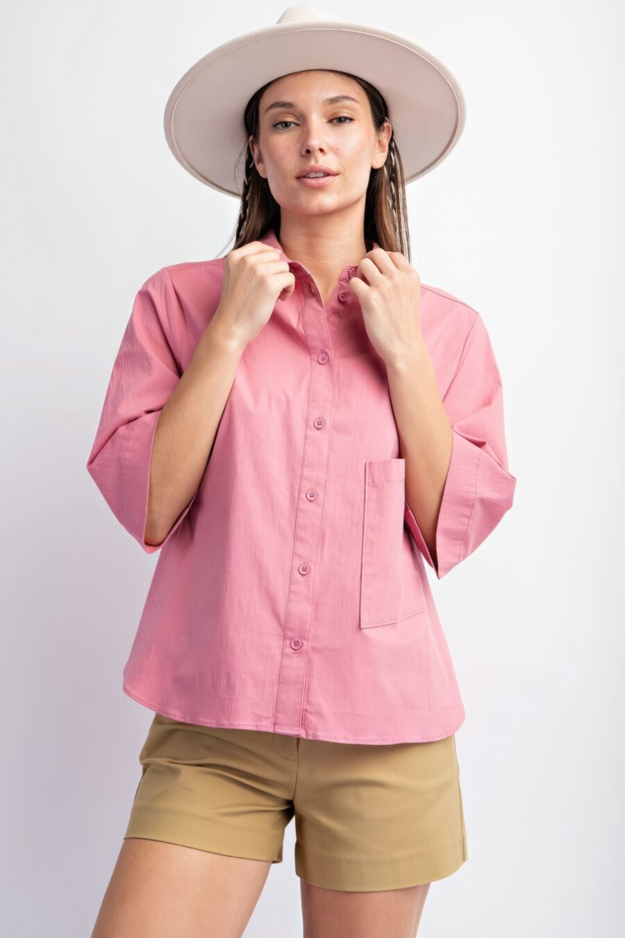 Half slvs stretch poplin button down shirt