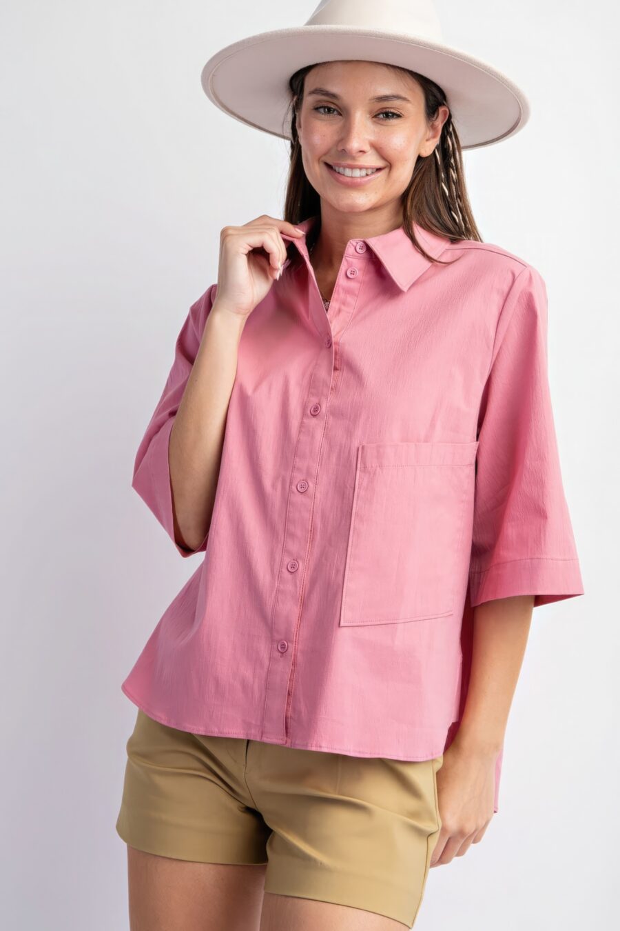 Half slvs stretch poplin button down shirt