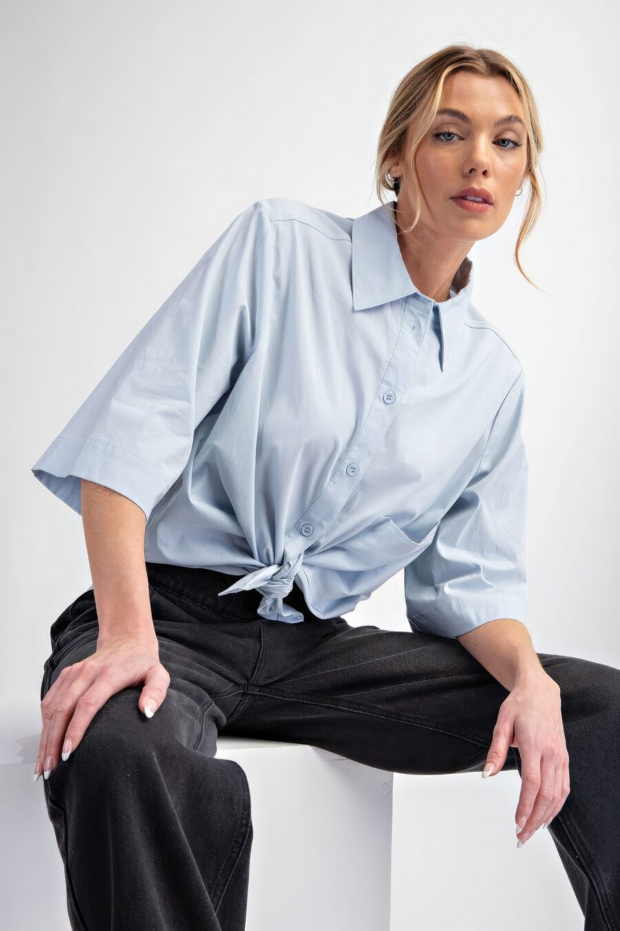 Half slvs stretch poplin button down shirt