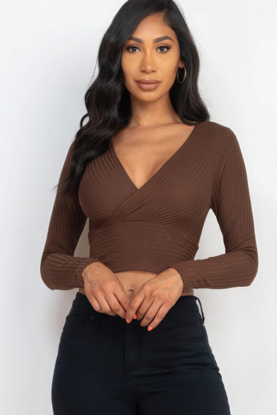 Ribbed wrap front long sleeve top