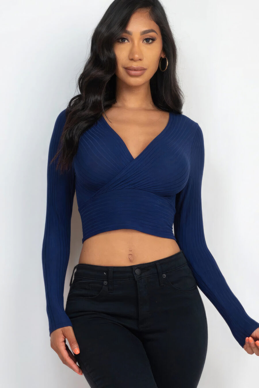 Ribbed wrap front long sleeve top