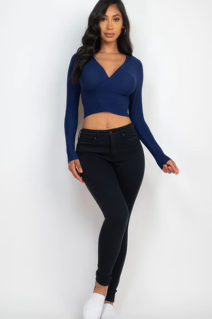 Ribbed wrap front long sleeve top